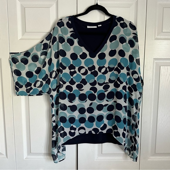 Susan Graver Blue  Polka Dot Chiffon Dolman Sleeve Top Knit Lining Sz LP Stretch - Picture 1 of 14
